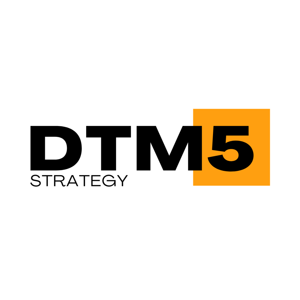 Logo for DTM5 Strategy featuring the name in black with an orange square background.